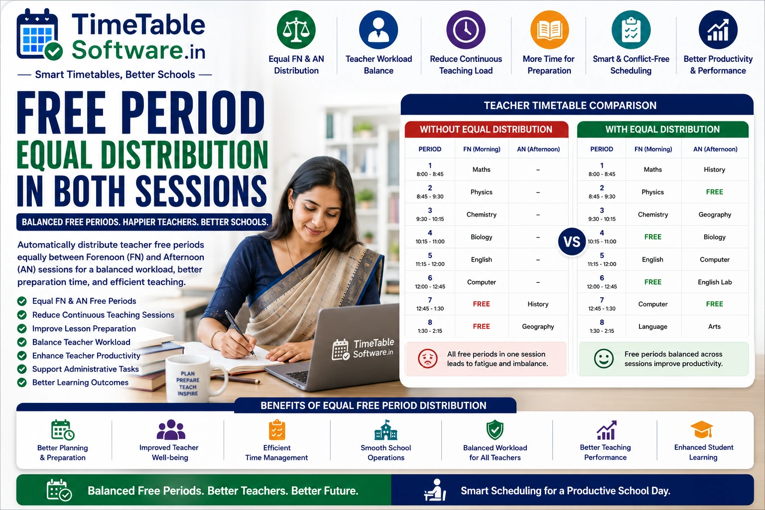 Free Period Equal Distribution in Both Sessions | School Timetable Software